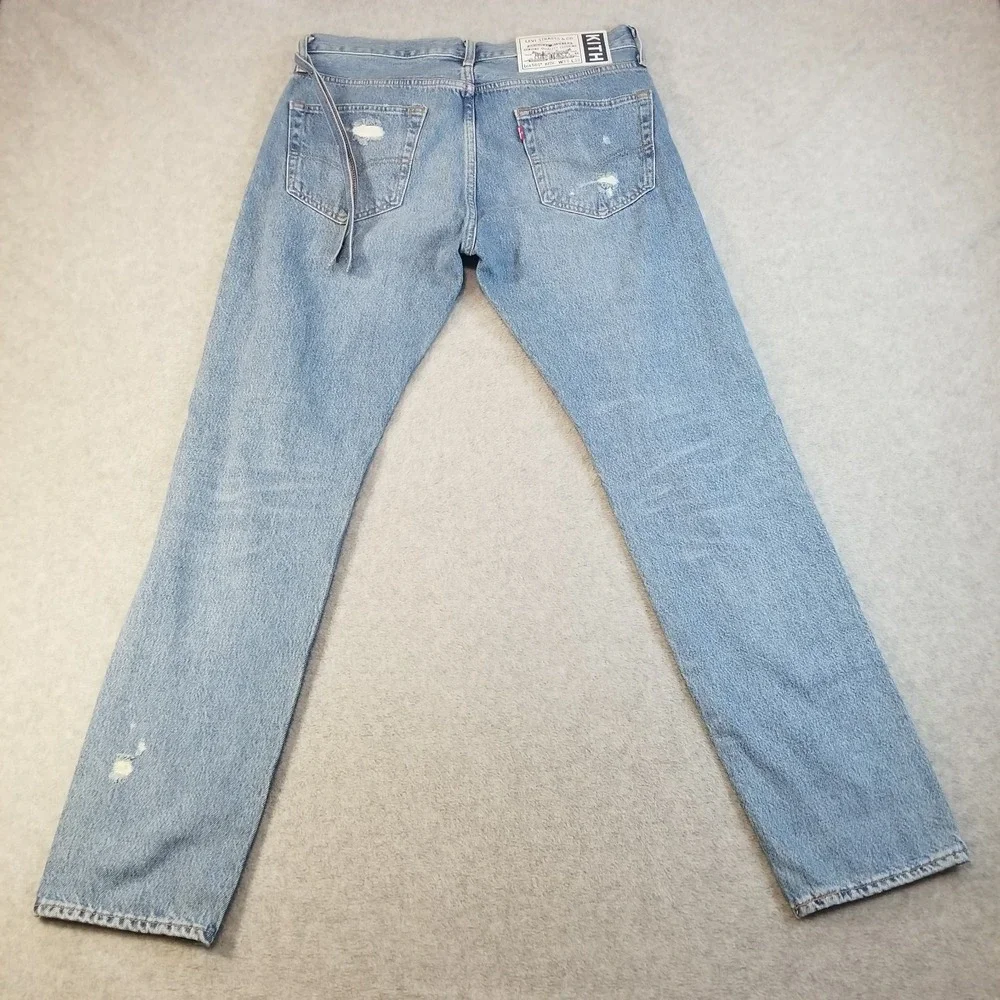 Kith Levis 501 Jeans Mens 33x32 Light Wash Distressed Ripped Button Fly Big E XX